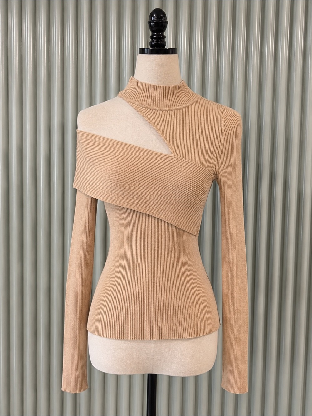 NBD Camel Ribbed Asymmetric Cutout Turtleneck Sweater - Picture 2 of 7